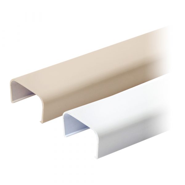 A white and beige plastic shelf divider next to each other.