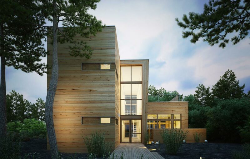 A modern house with wood siding and glass windows.