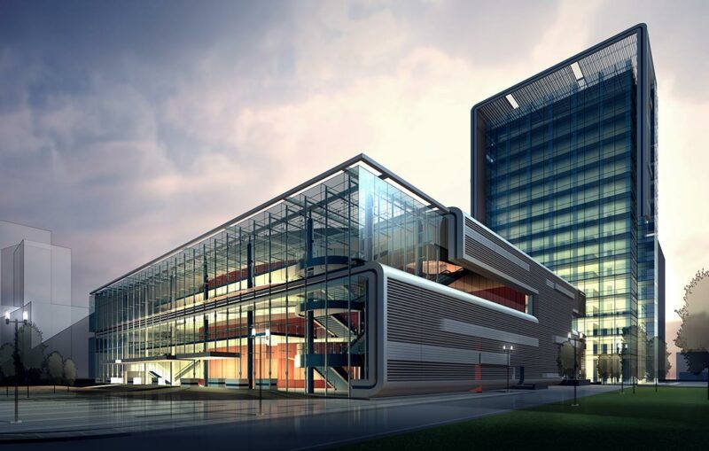 A building with glass windows and a sky background